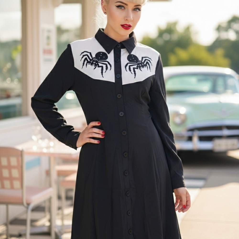 Dolls Kill Black Long Sleeve Western Dress with White Spider Yoke